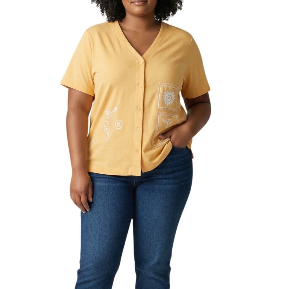 Bobbie Brooks Vintage Yellow Button Front Blouse Graphic Top Womens 18W 20W